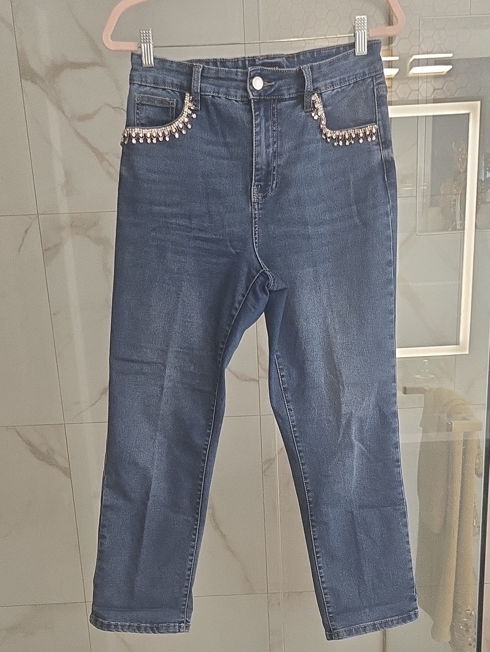 VTG Suko Jeans Y2K Rhinestone Fringe Pocket Straight Jeans Size 8 GUC Curvy